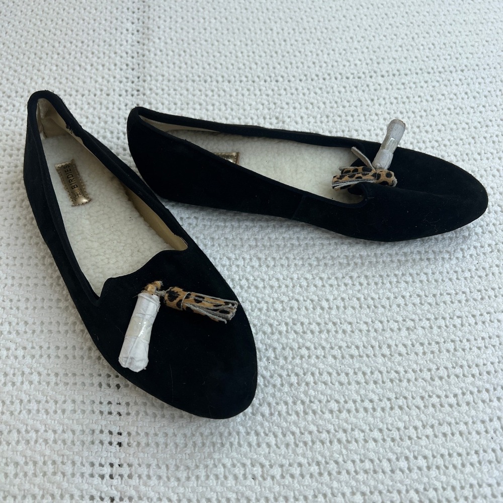 Birdies Starling Slippers Black Cozy Suede Faux Fur Leopard Tassel Old Money 6
